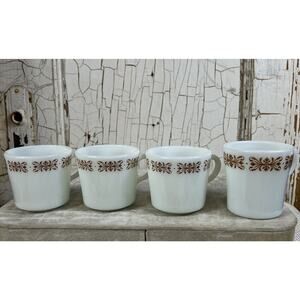 4 Pyrex Coffee Mugs/Cups Milk Glass Copper Filigree Brown White Vintage READ